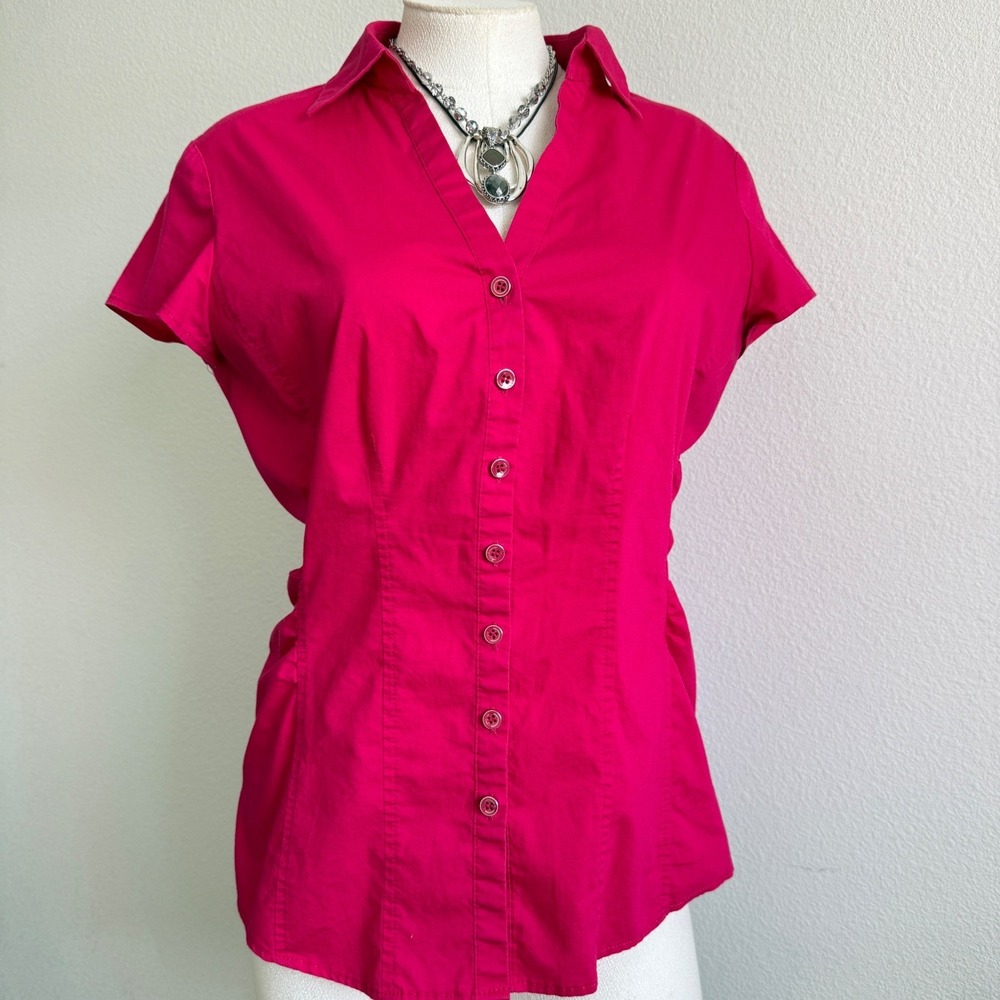 Y2K Womens Hot Pink Fitted Button Up Shirt Medium Ruched Y2K office siren Top